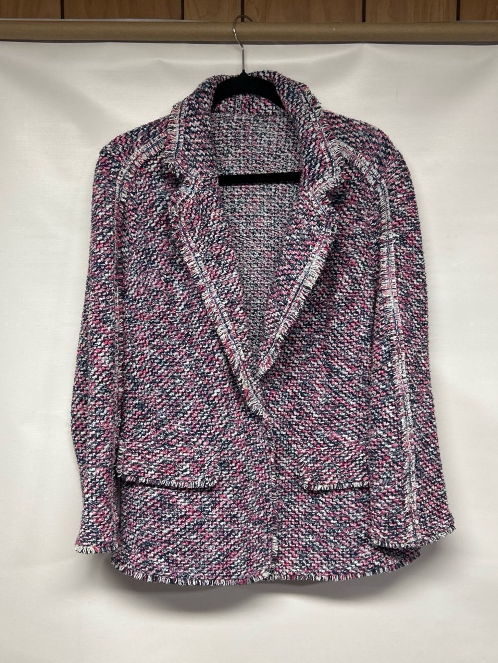 Chico's Pink, White & Black Bouclé Open-Front Blazer